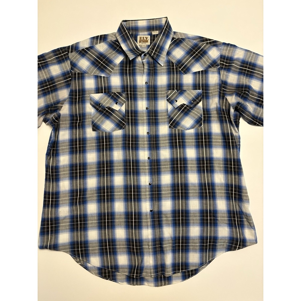 Ely Cattleman Men’s XXL Western Pearl Snap Shirt Blue Plaid Cowboy Short Sleeve